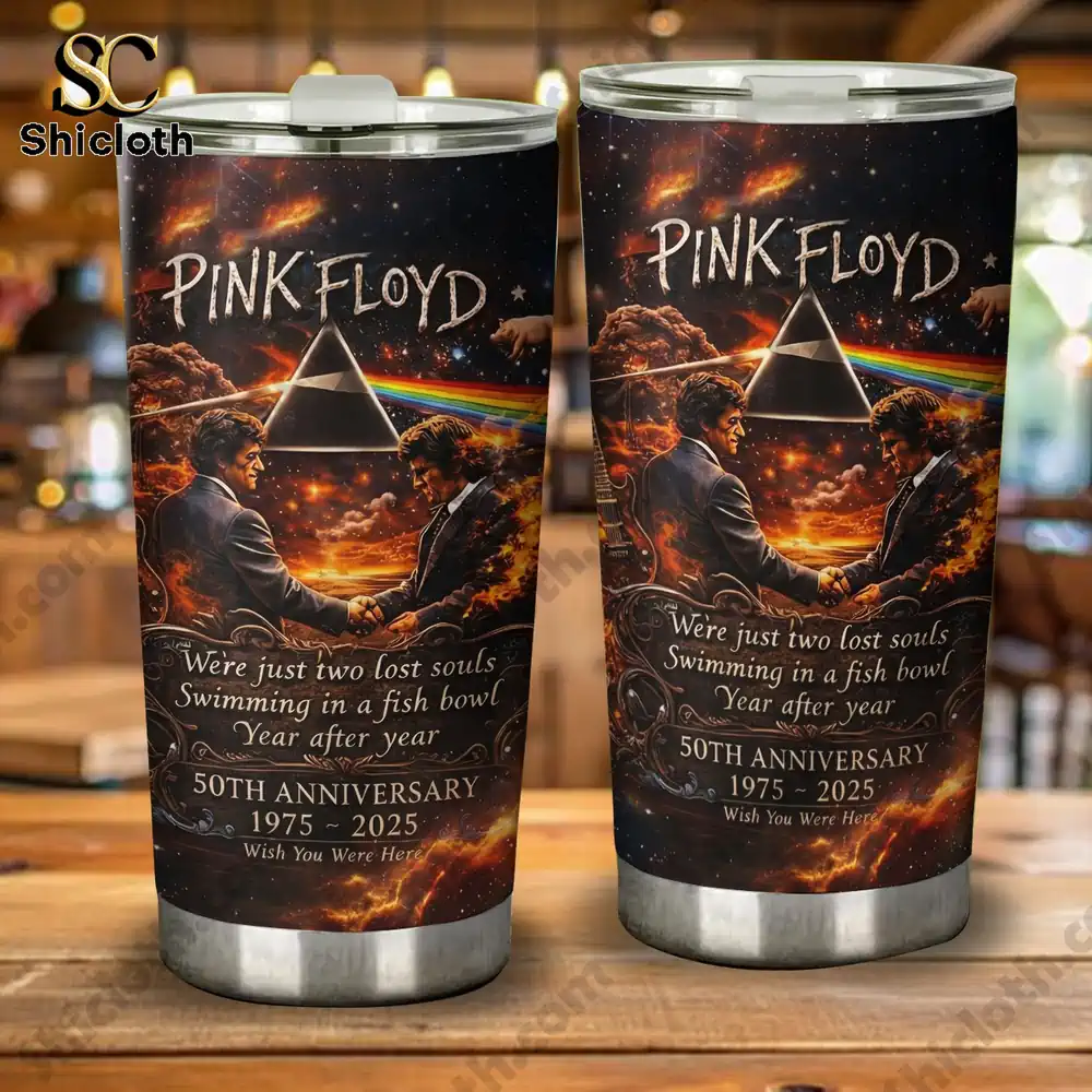 Two Pink Floyd anniversary tumblers on wooden table!