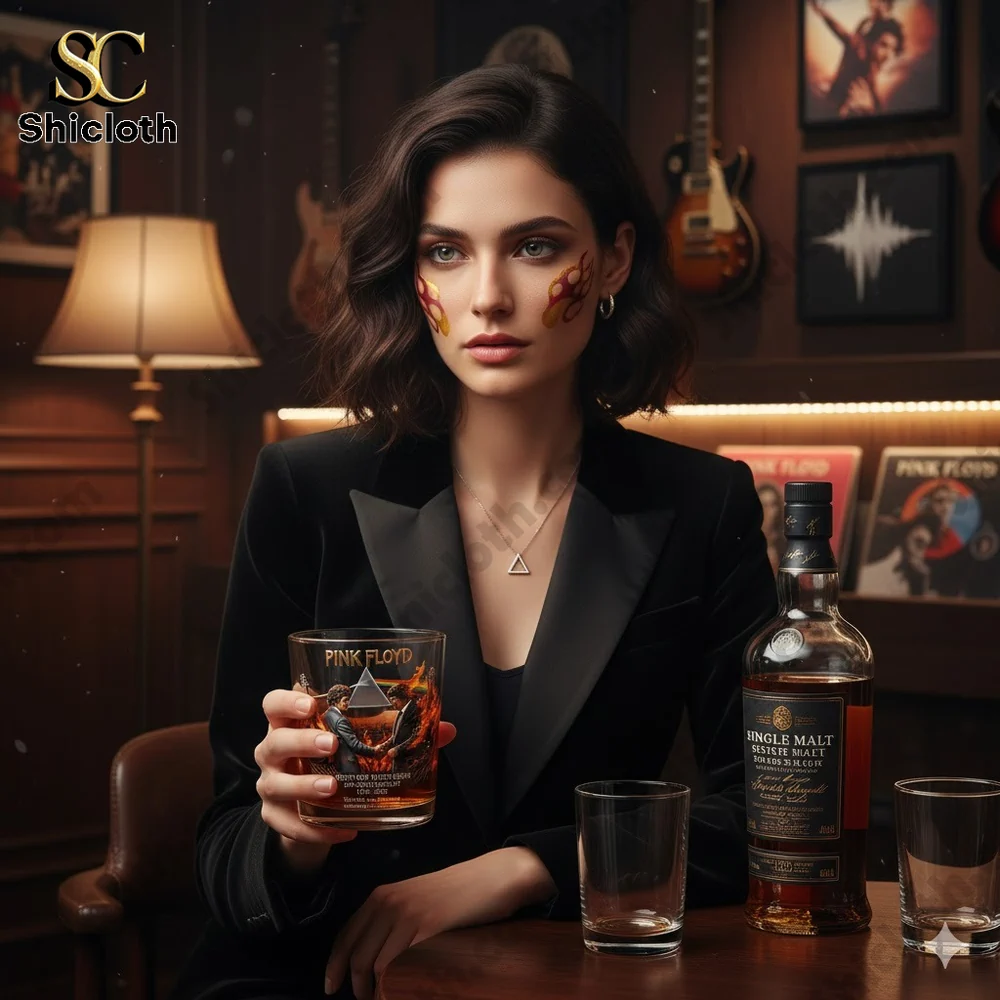 Woman holding a Pink Floyd themed whiskey glass in a stylish music room from Shicloth!