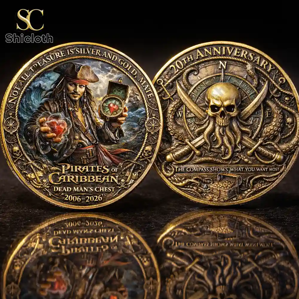 Gold pirate themed commemorative coin with captain holding compass and heart