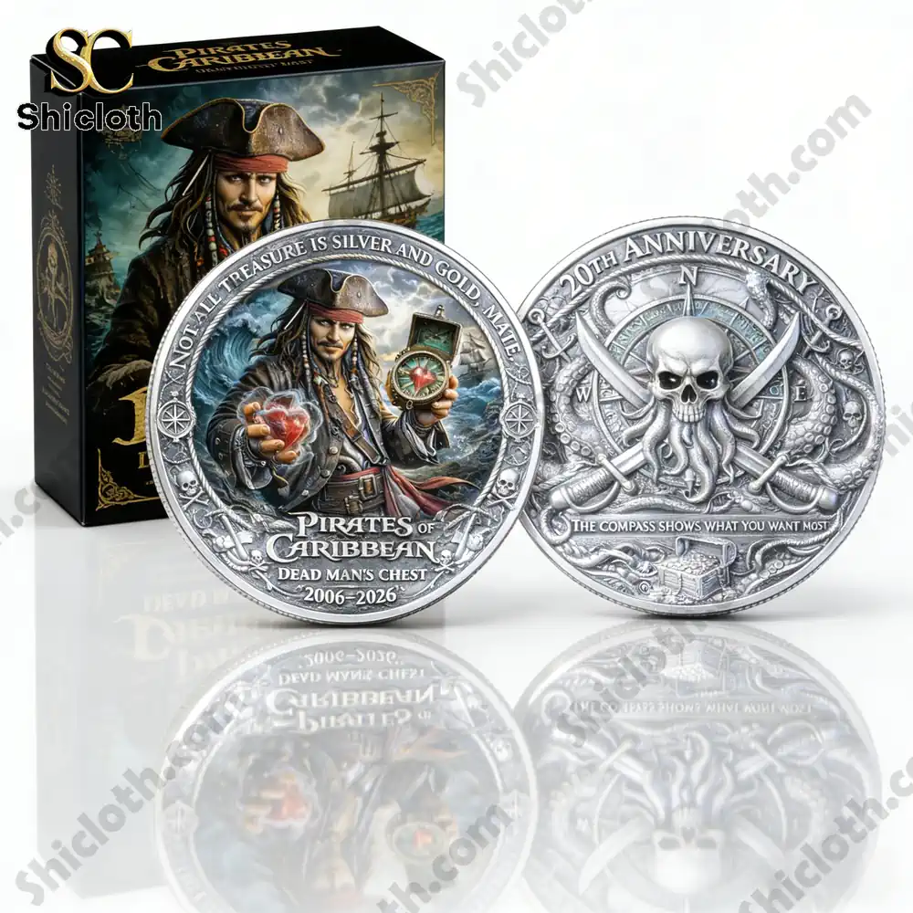 Silver pirate commemorative coin with collector box display