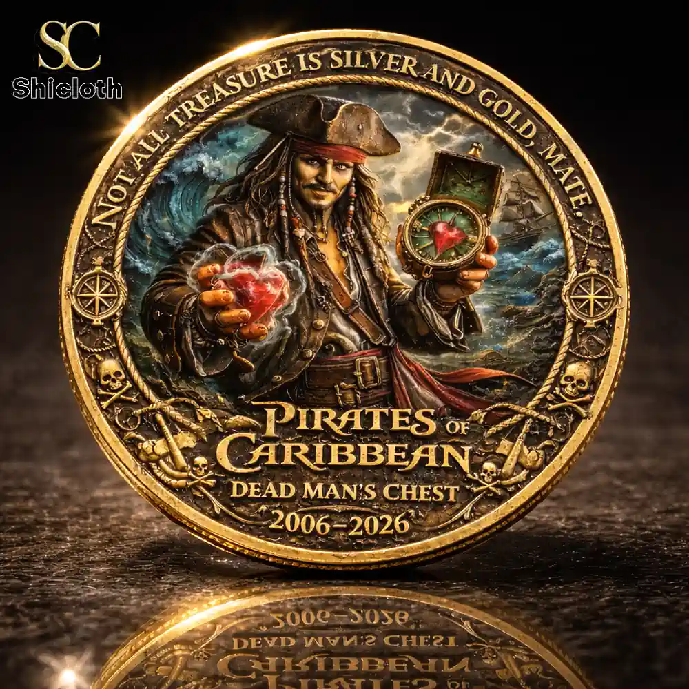 Pirates of the Caribbean Dead Man's Chest 20th Anniversary Commemorative Coin 3 Close view of gold pirate coin with captain and compass