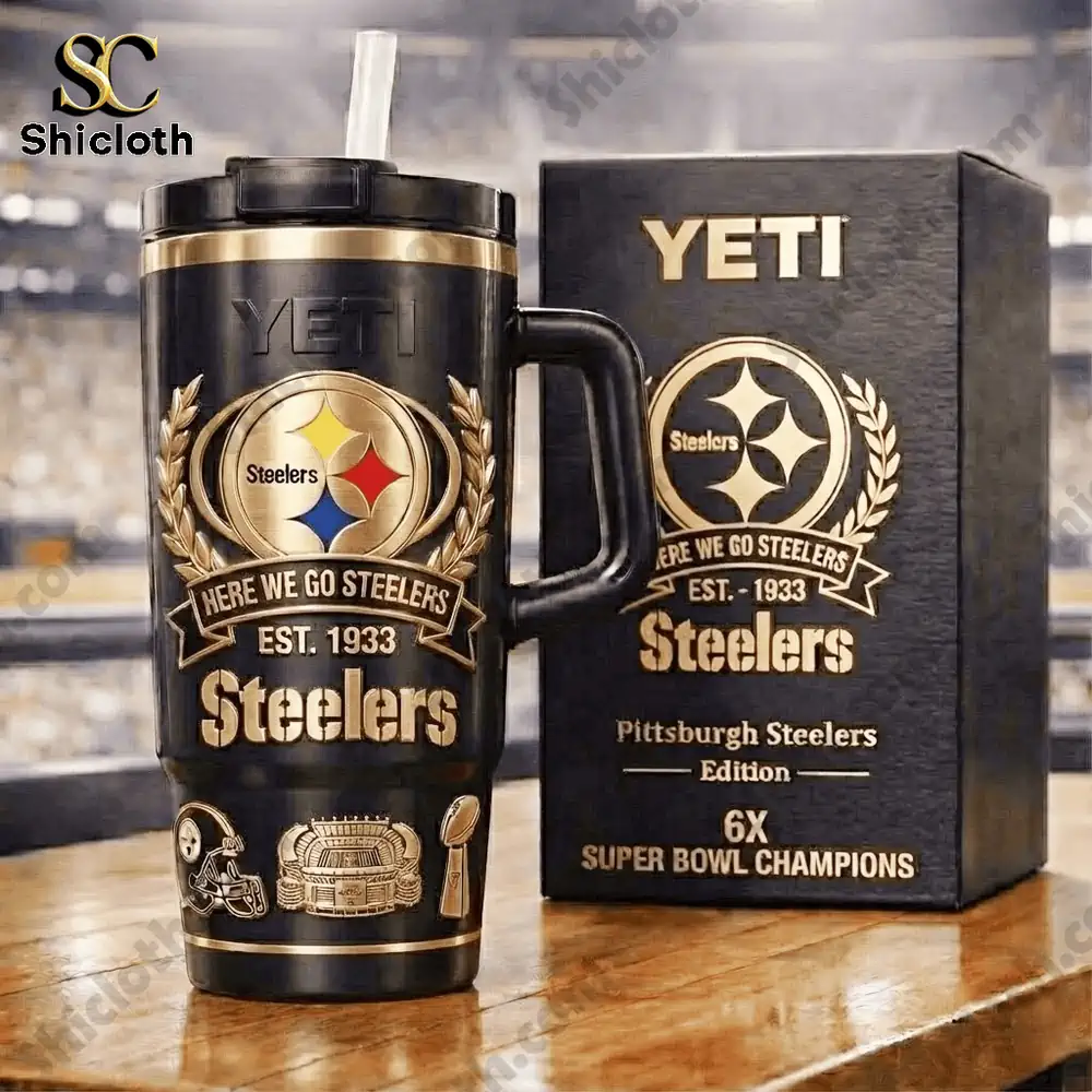 Black Yeti Steelers mug with gold crest and box!