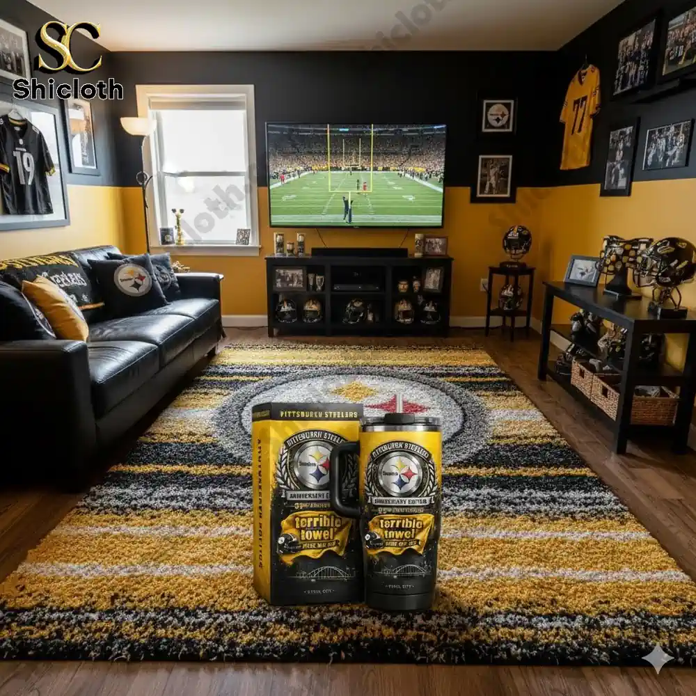 Steelers themed living room with Terrible Towel tumbler displayed in front of TV!