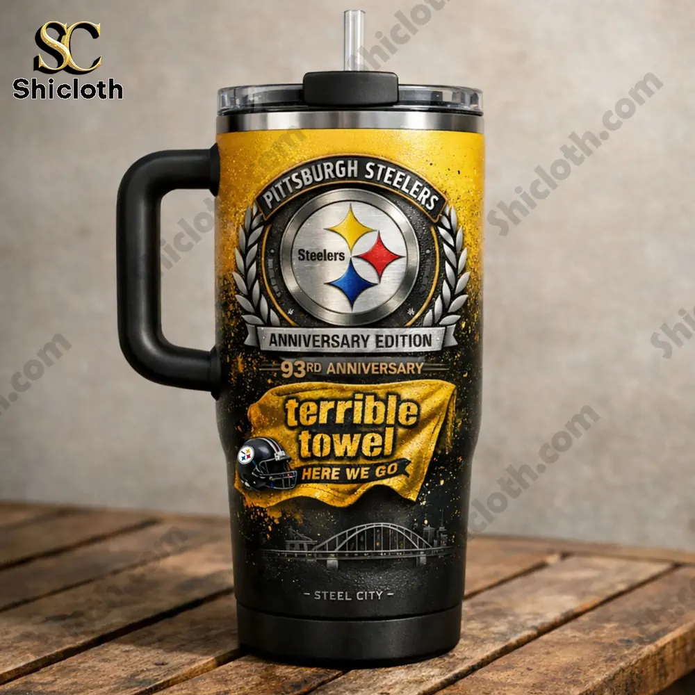 Close up of Pittsburgh Steelers Terrible Towel anniversary tumbler!