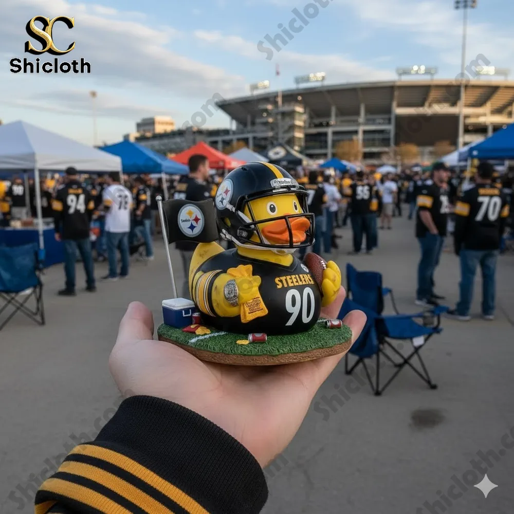 Dolly Parton's 80th Anniversary 1946-2026 Collectible Pop Figure Doll 70 Steelers themed rubber duck figure at a football tailgate scene!