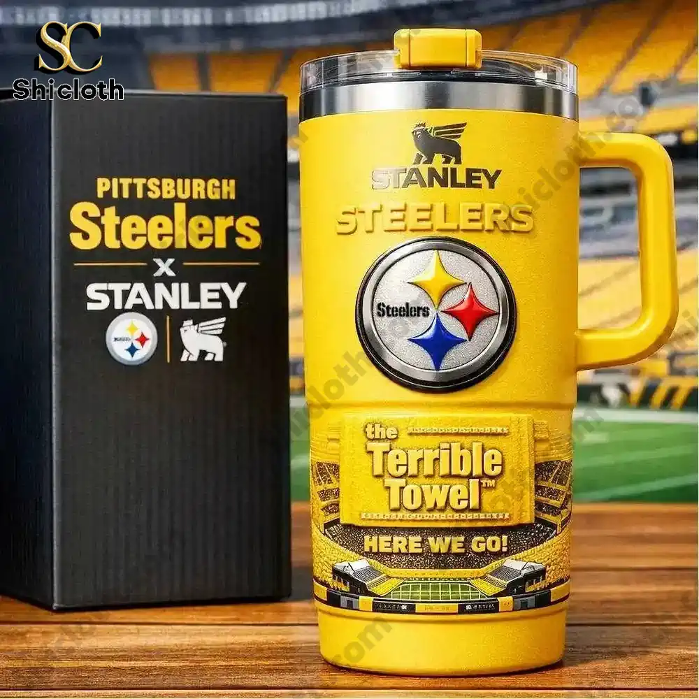 Yellow Stanley Steelers mug with team logo and stadium background!