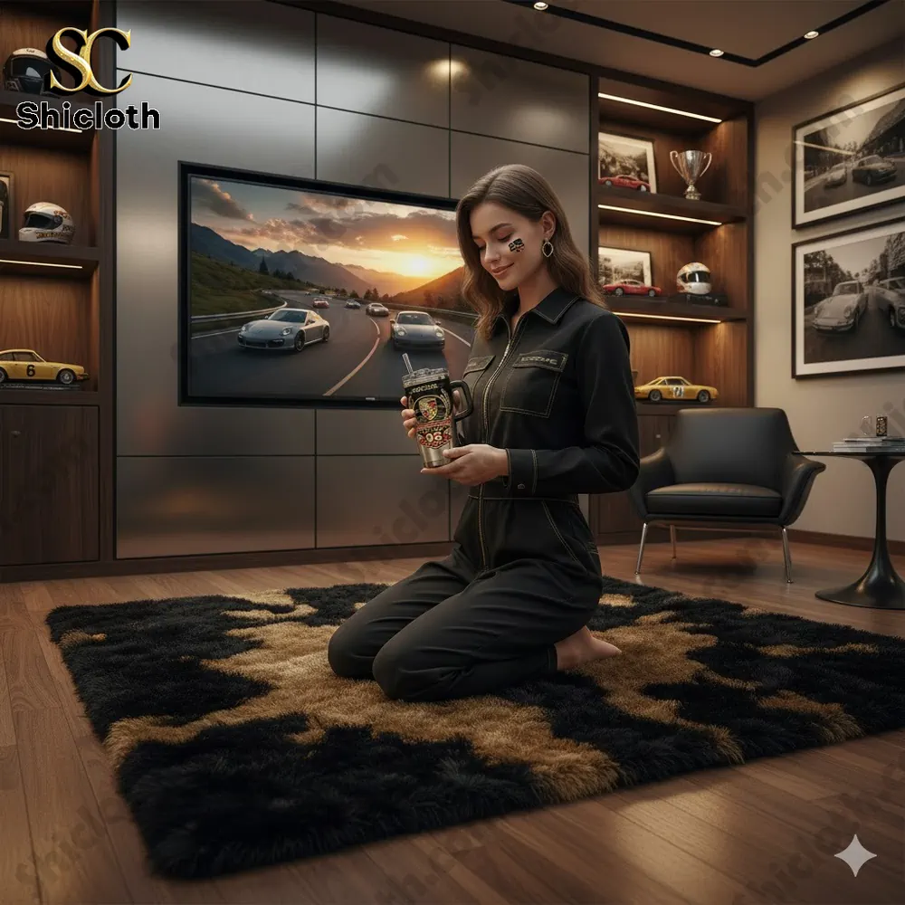 Woman holding a Porsche themed tumbler in a luxury car inspired room!