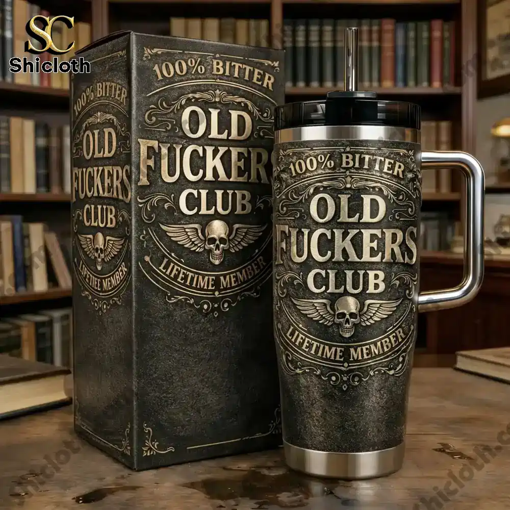 Shicloth old fuckers club tumbler with matching box on table!
