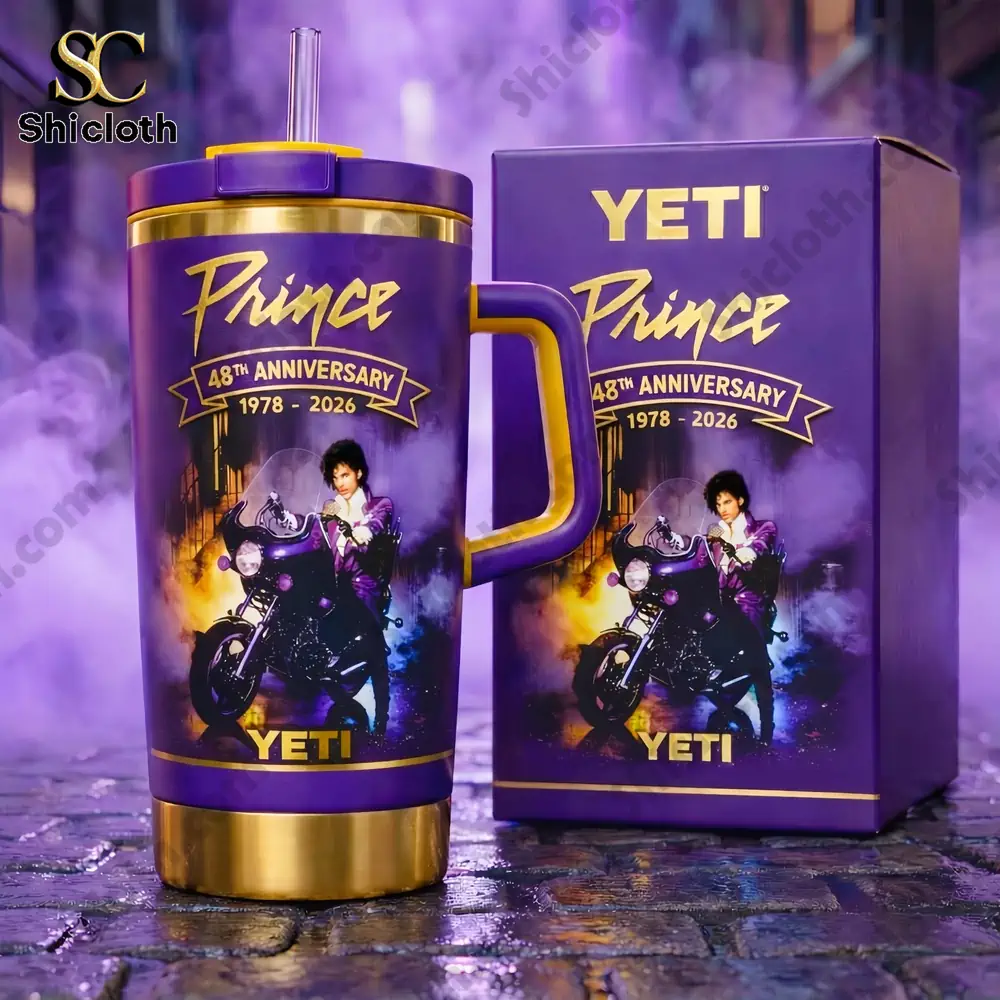 Purple Prince anniversary insulated tumbler with matching box in smoky studio setting!