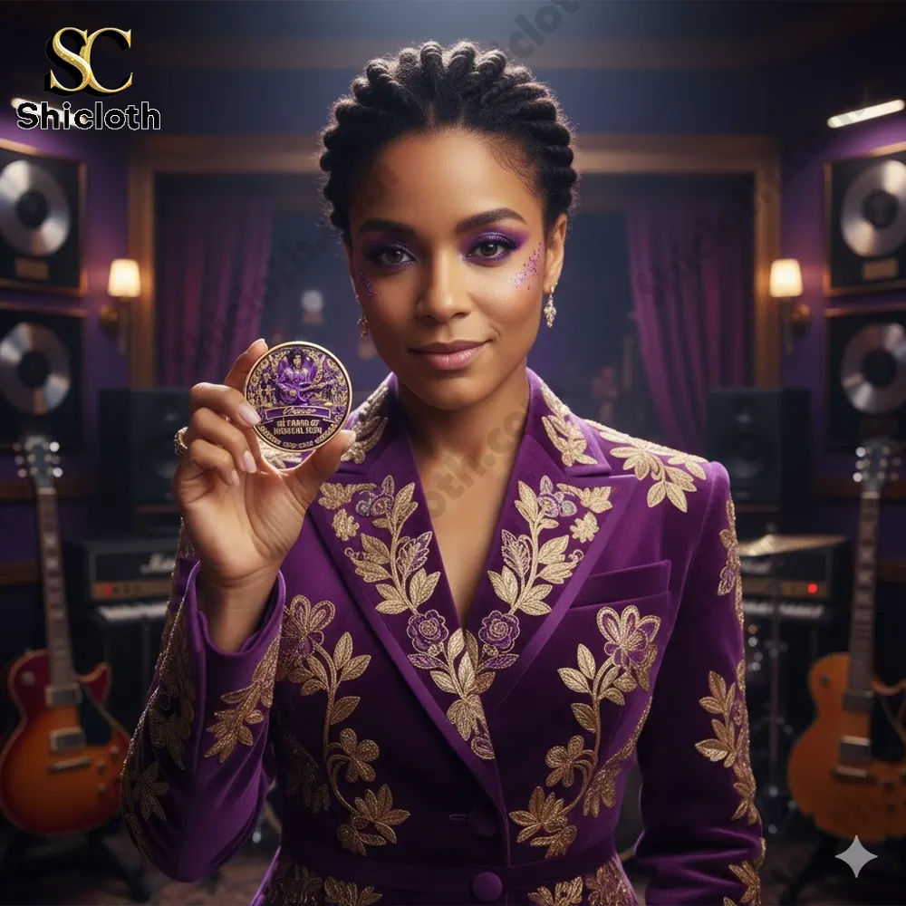 Woman in purple suit holding a music tribute coin in a studio!