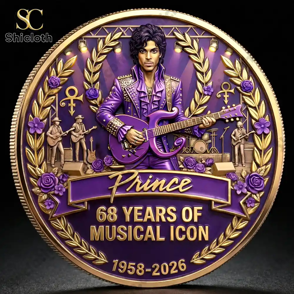 Purple and gold music tribute coin with guitarist design!