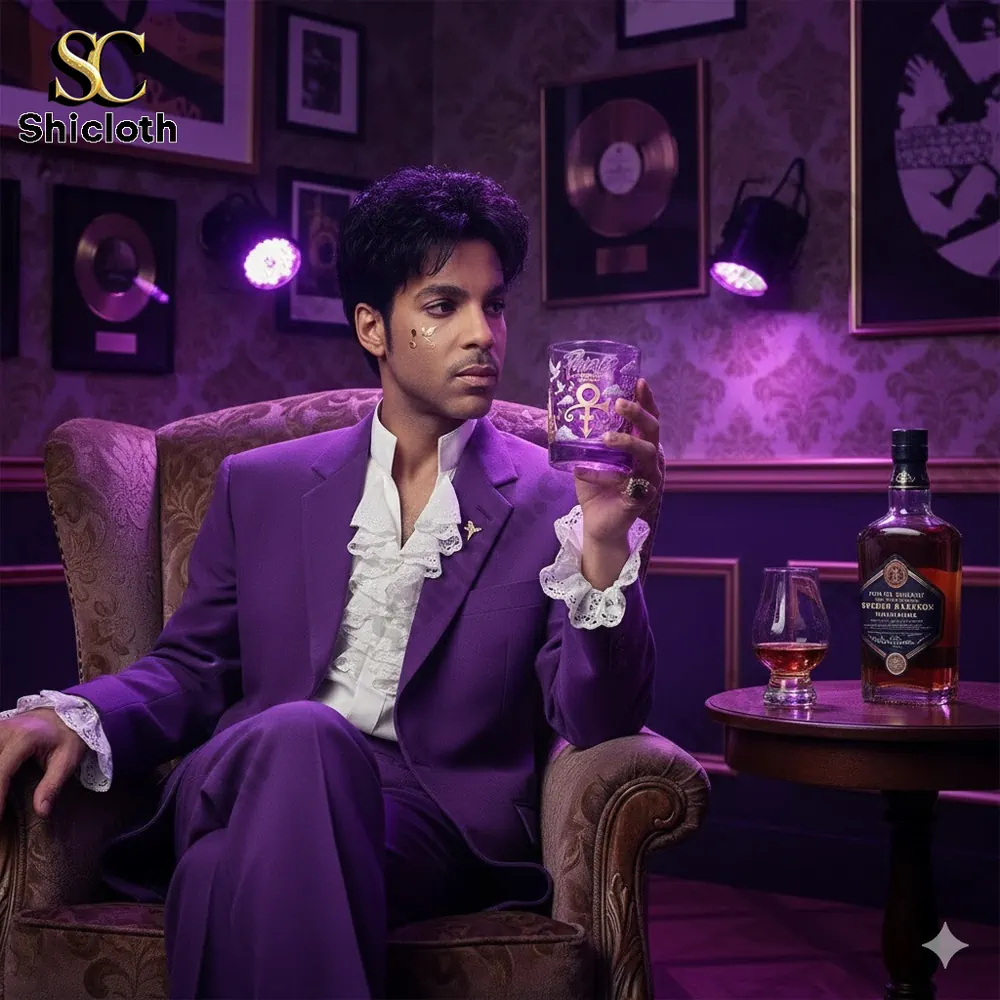Purple themed artist holding a commemorative purple glass in a luxury music room.
