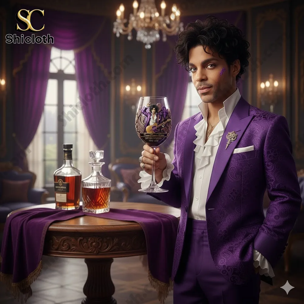 Elegant purple suited musician holding a wine glass in a royal room!