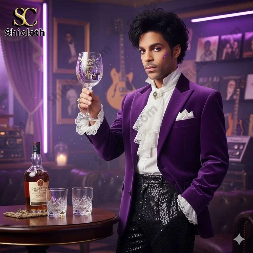 Purple dressed musician raising a wine glass in a stylish music room!