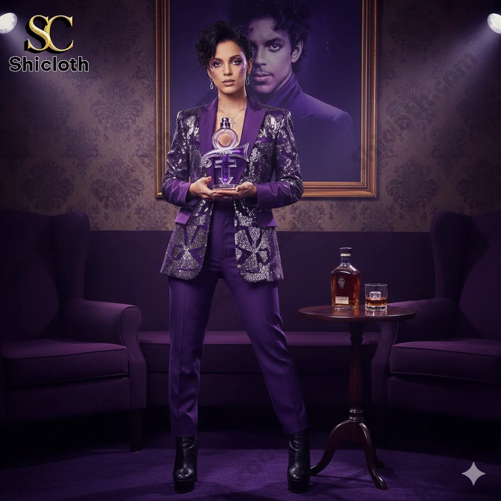 Woman holding purple symbol perfume bottle in luxury purple room!