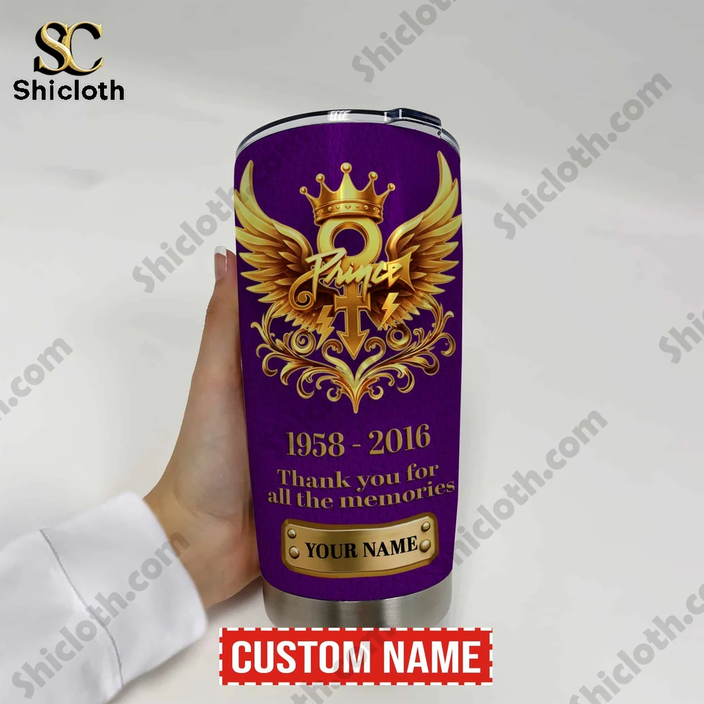 Prince Love Symbol Thank You For All The memories Custom Name Tumbler Cup 3 Hand holding purple memorial tribute tumbler with golden design by Shicloth!
