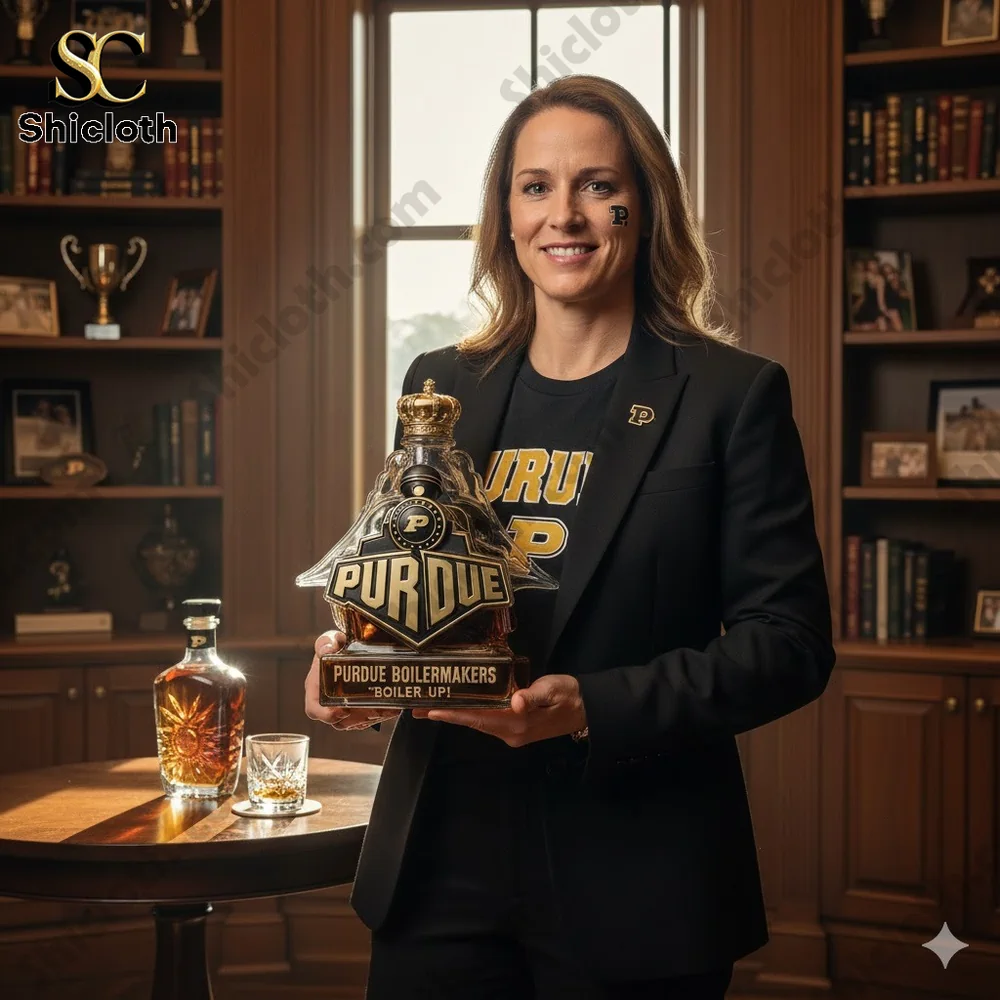 Woman holding Purdue themed liquor bottle indoors!