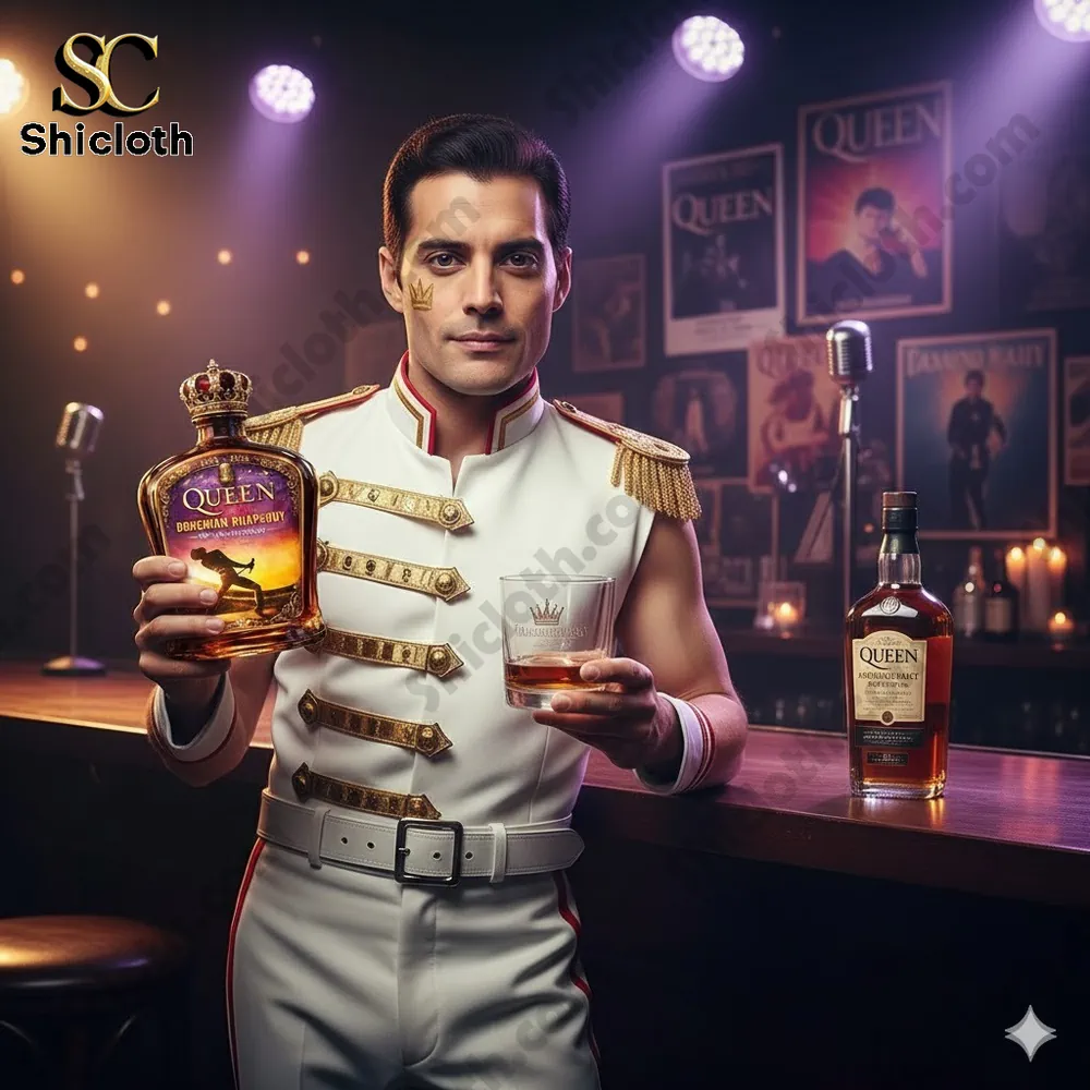 A stage performer in royal style holding a Queen Bohemian Rhapsody whisky bottle at a bar.!