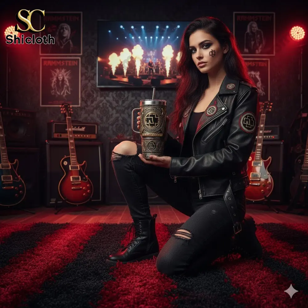 Rock style woman holding a Rammstein metal tumbler in a guitar filled music room!