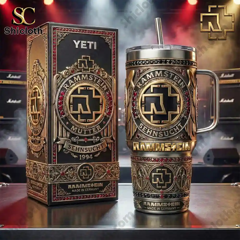 Rammstein metal tumbler with decorative box displayed on a concert stage!