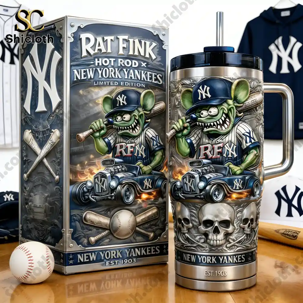 Philadelphia Eagles 93rd Anniversary Limited Edition Travel Tumbler 88 Rat Fink New York Yankees stainless steel tumbler with collector box on table!
