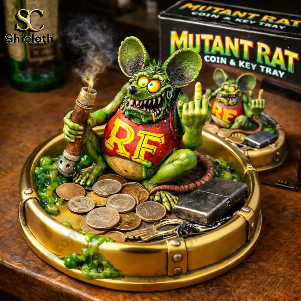 Mutant rat coin and key tray on a wooden table with coins and keys by Shicloth!