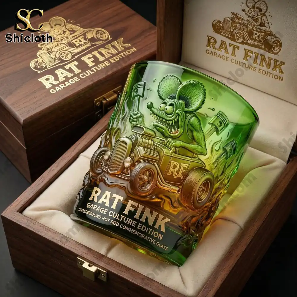 Green Rat Fink garage culture glass in wooden box!