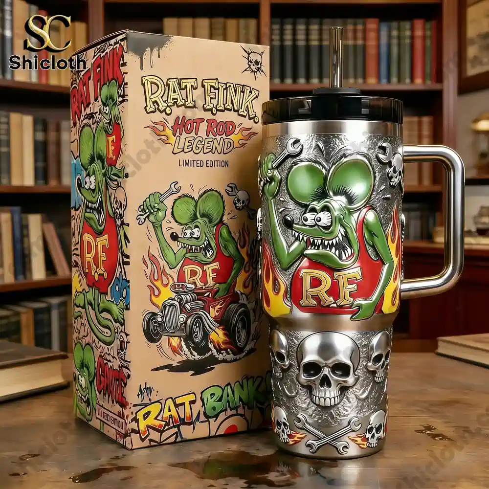 Rat Fink hot rod metal mug with illustrated box!