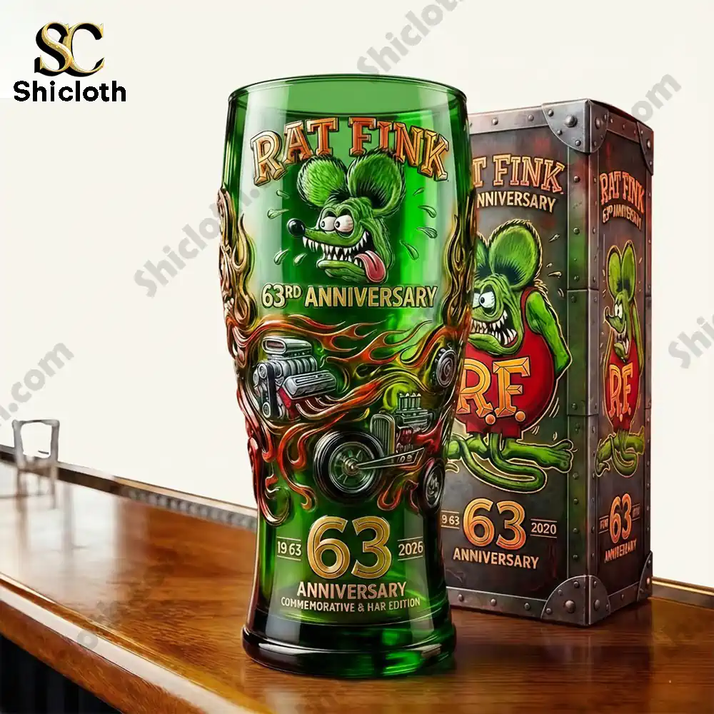 Rat Fink anniversary beer glass with collectible box on wooden bar!