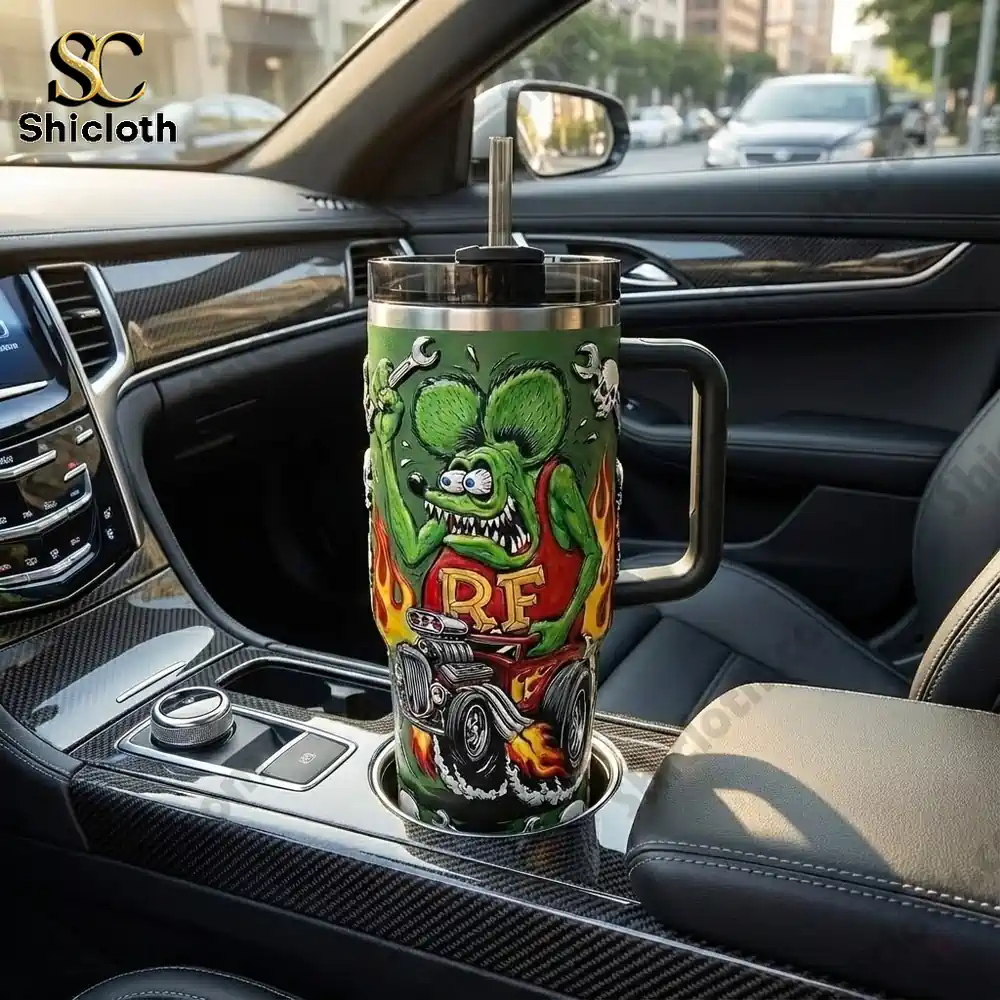 Rat Fink hot rod tumbler in car cup holder!