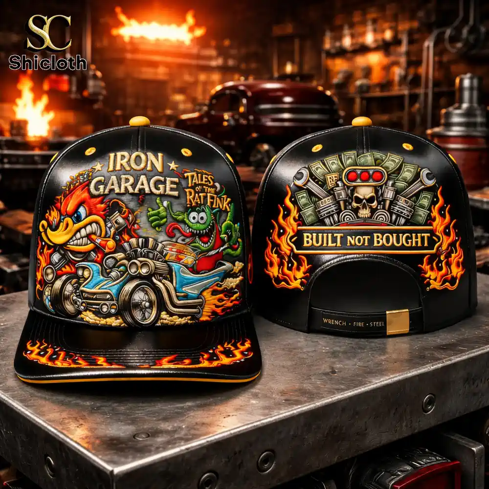 Shicloth Iron Garage cap displayed in an industrial workshop setting.