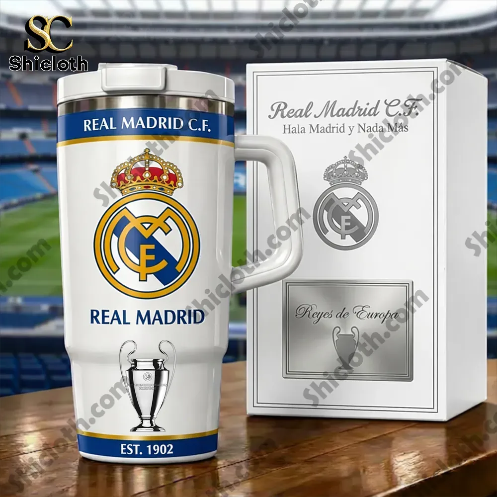 Real Madrid insulated mug with premium box on stadium background!