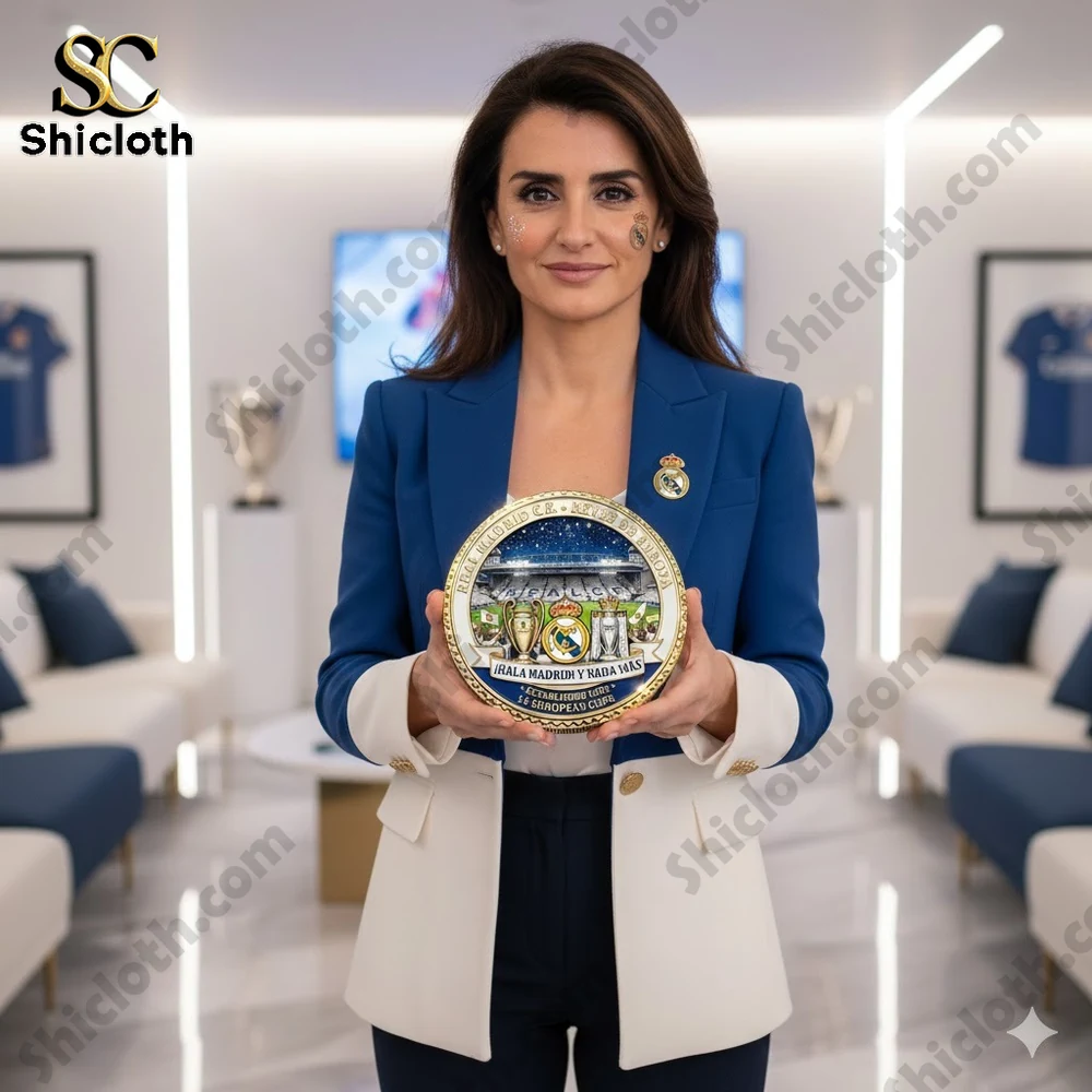Woman holding a Real Madrid commemorative coin in a modern display room!