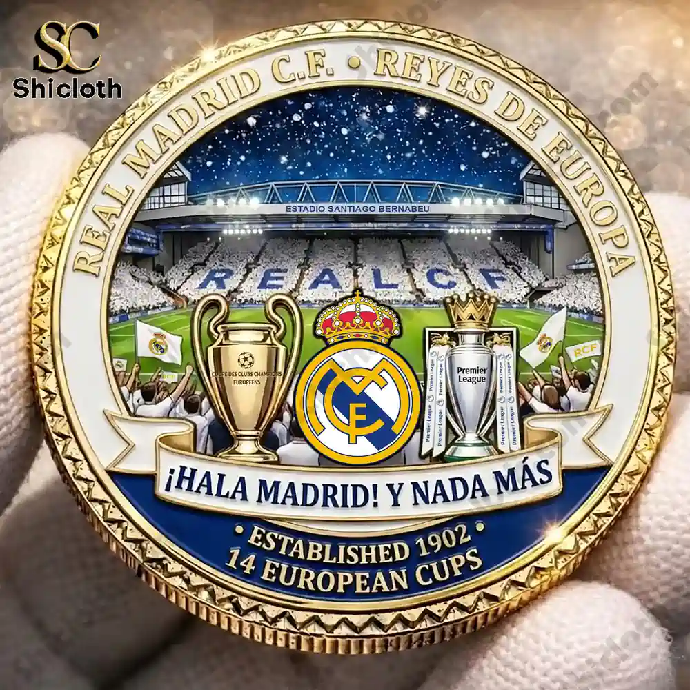 Detailed Real Madrid coin with stadium and trophy design!