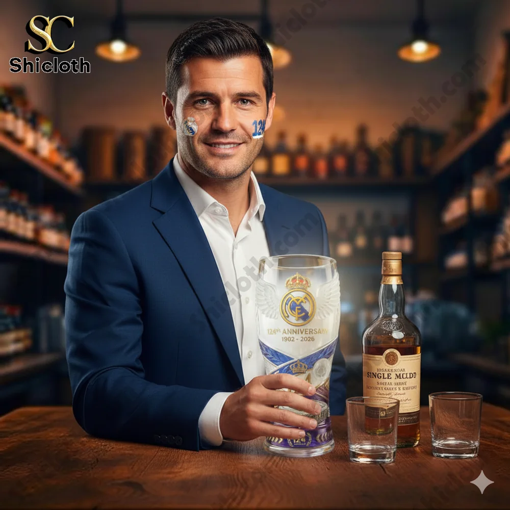 A man presenting a football club anniversary glass with a whisky bottle on a bar counter!