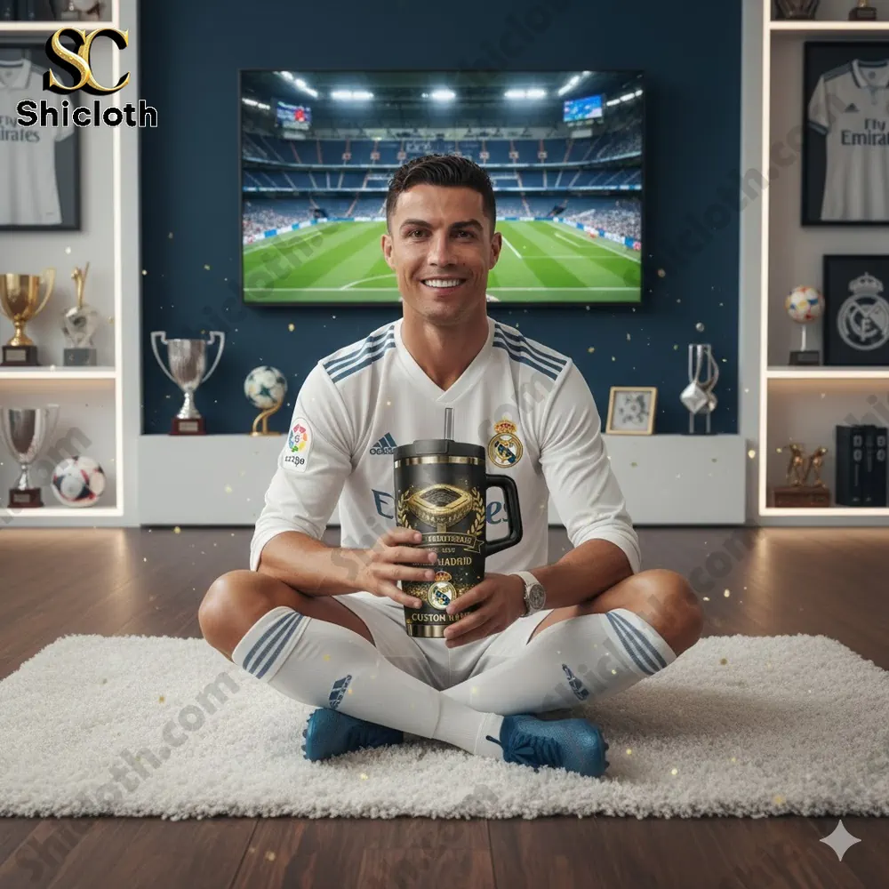 Football player in Real Madrid kit holding a custom stadium tumbler indoors!