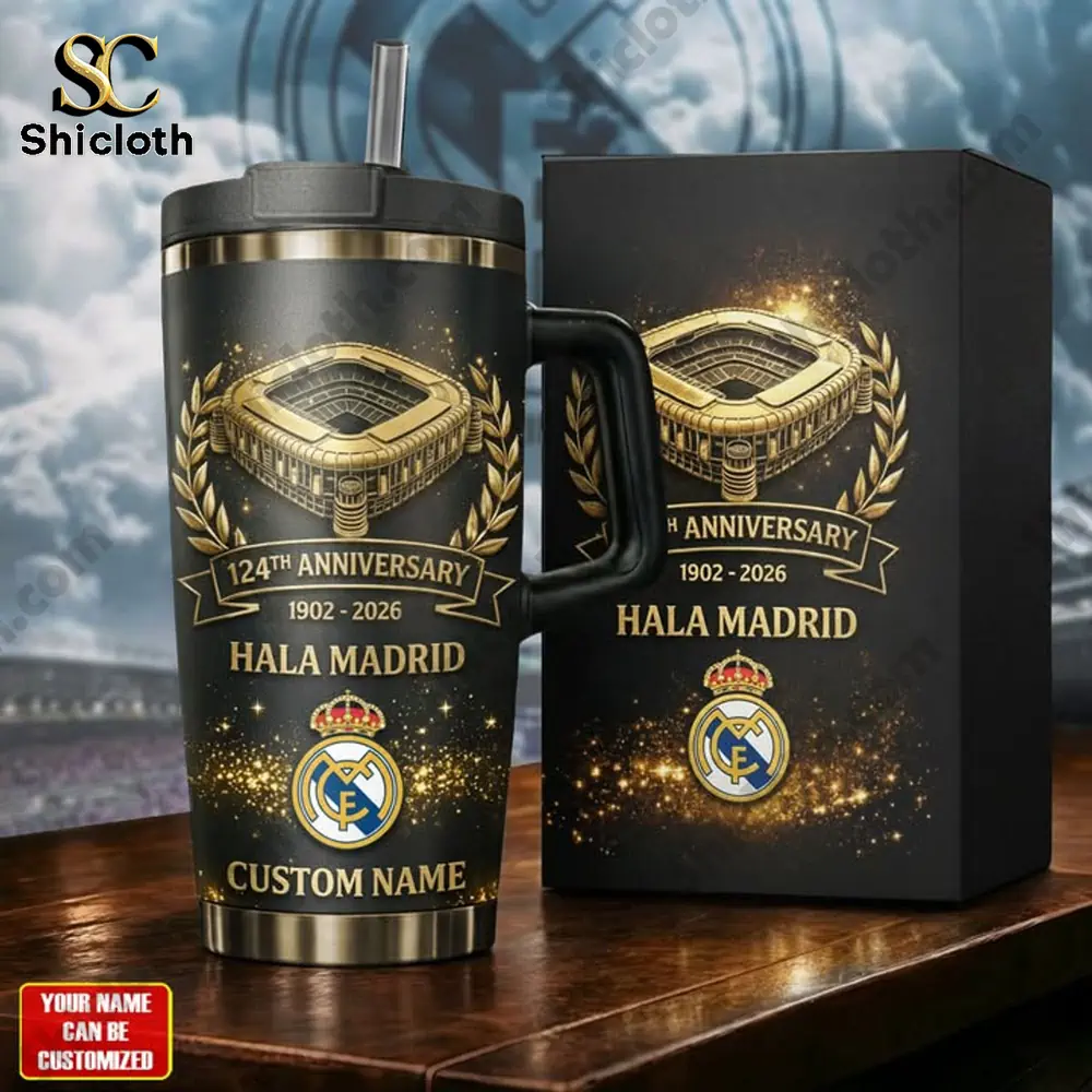 Black Real Madrid stadium tumbler with gift box on table!
