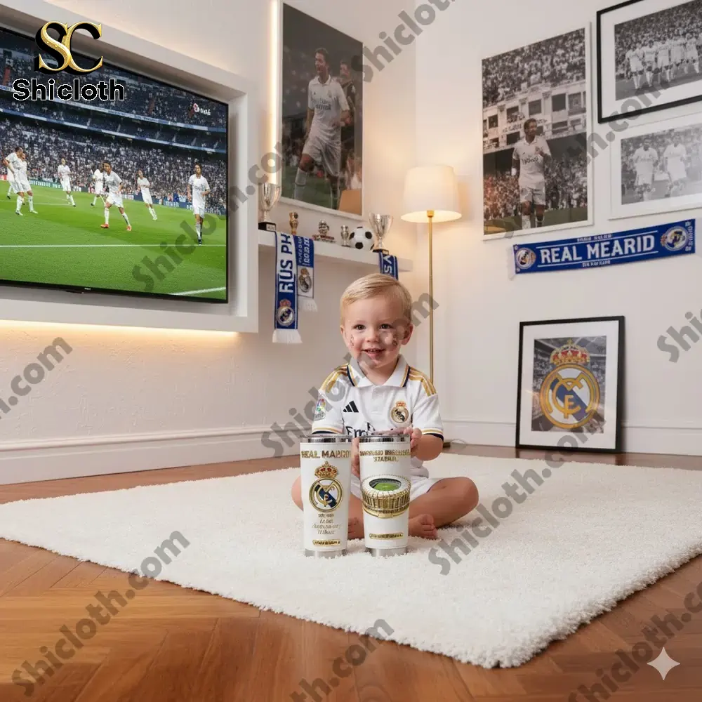 Baby Real Madrid fan sitting on carpet holding Shicloth tumblers!