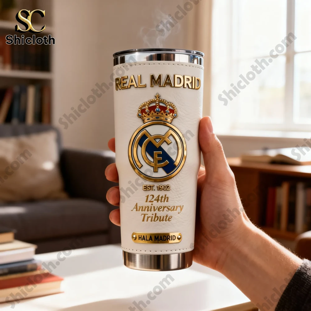 Real Madrid insulated tumbler held in hand indoors!