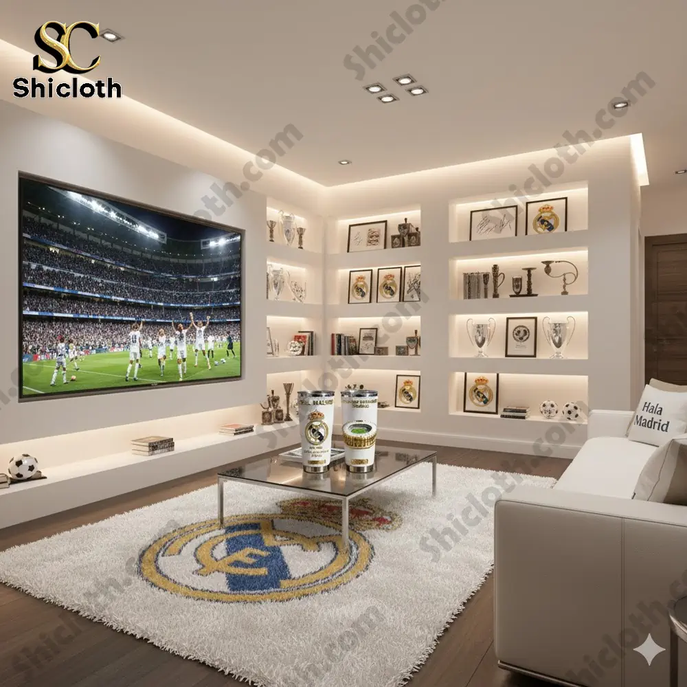 Real Madrid 124th Anniversary Tribute Tumber Cup 3 Real Madrid themed living room with memorabilia and tumblers!