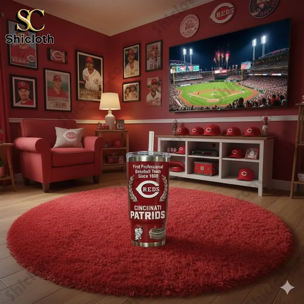 Cincinnati Reds insulated tumbler displayed in fan themed room!