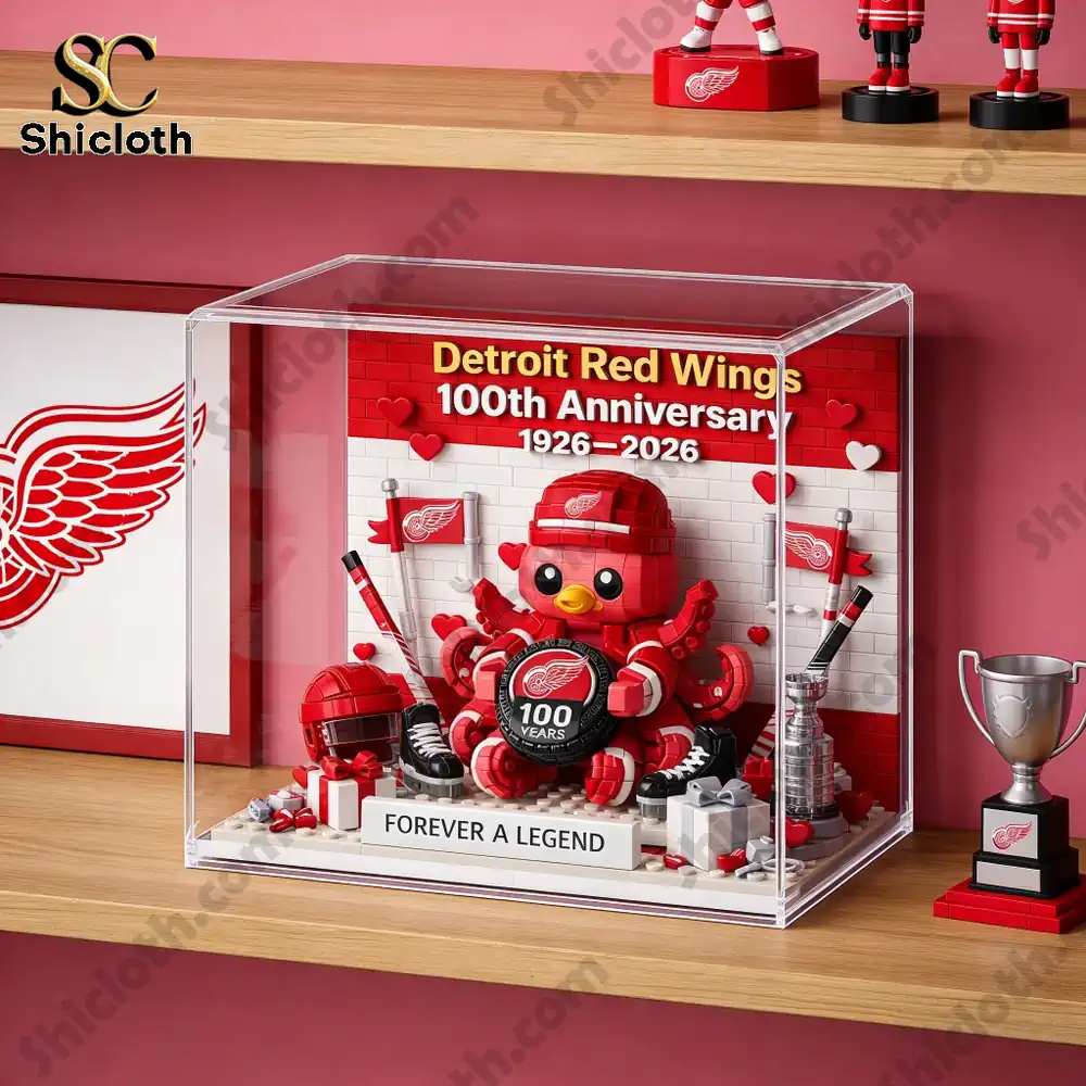 Detroit Red Wings anniversary octopus brick diorama in clear display case!
