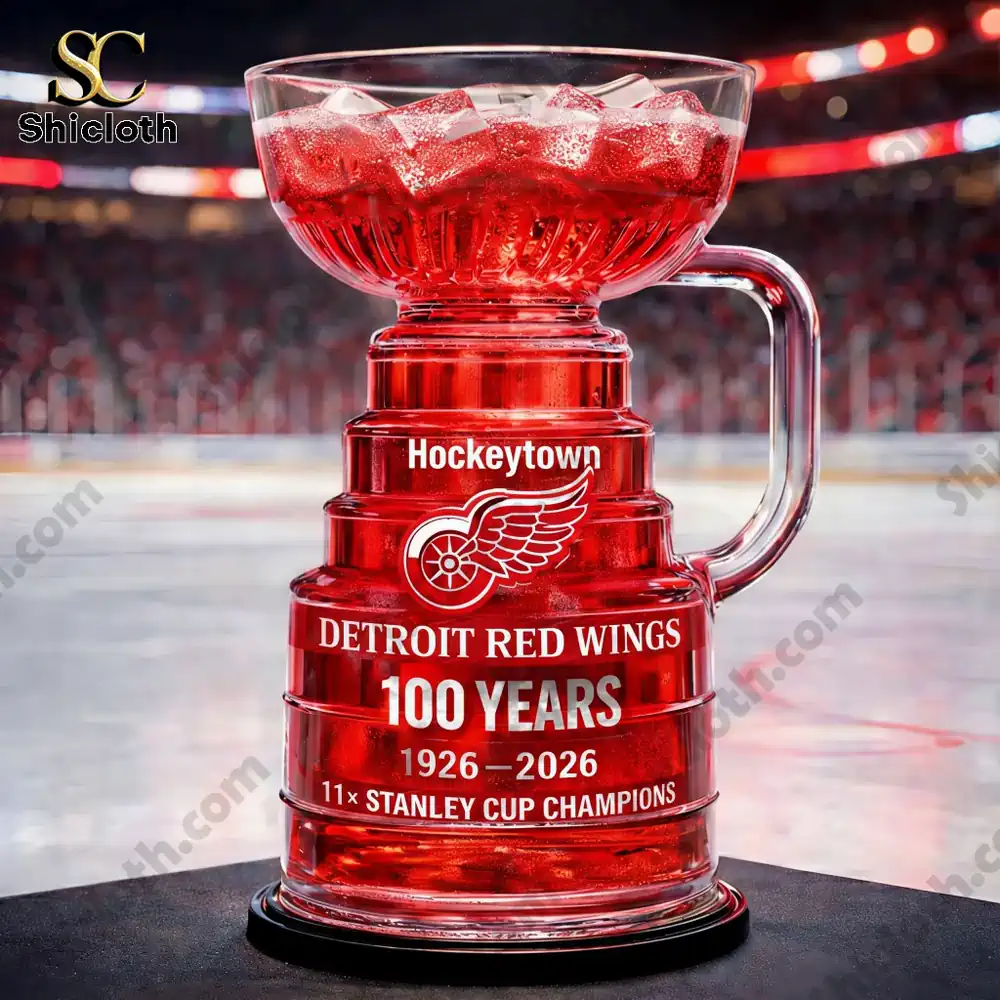 Red Stanley Cup style beer glass on display celebrating Detroit Red Wings by Shicloth!