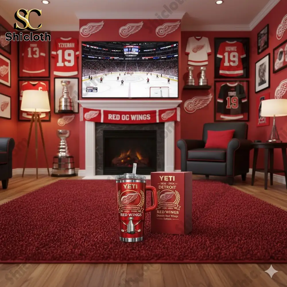 Detroit Red Wings themed Yeti mug displayed in a sports fan living room!