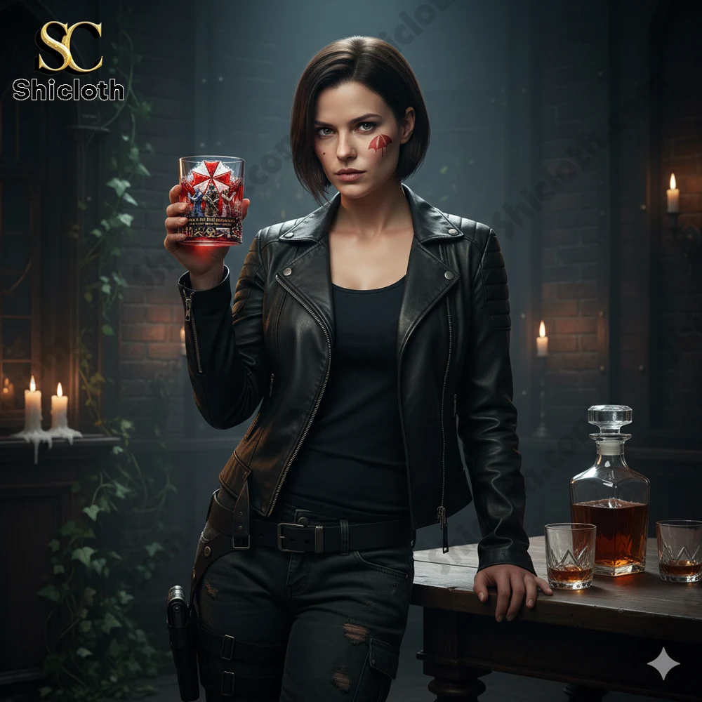 A woman in black leather holding a themed glass in a dark cinematic setting!