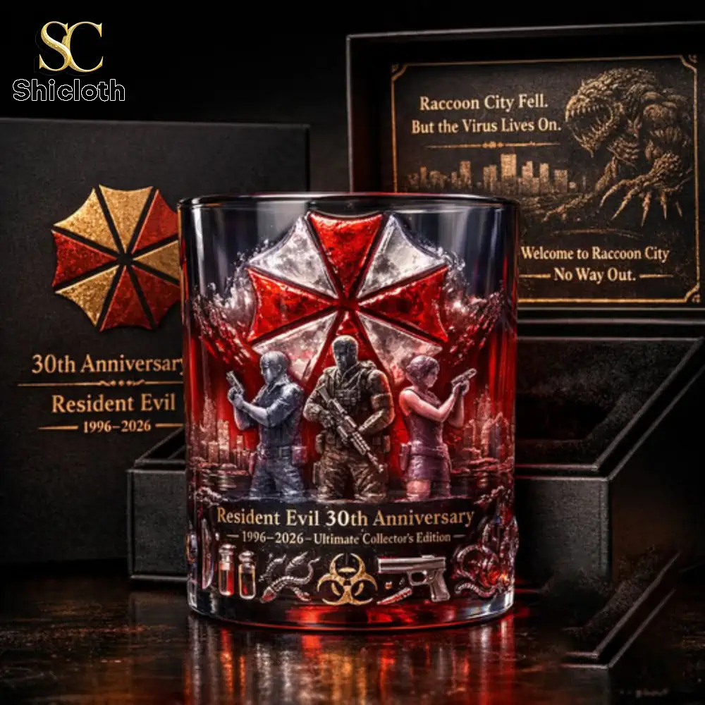 A Resident Evil anniversary collectible glass displayed in a premium box!