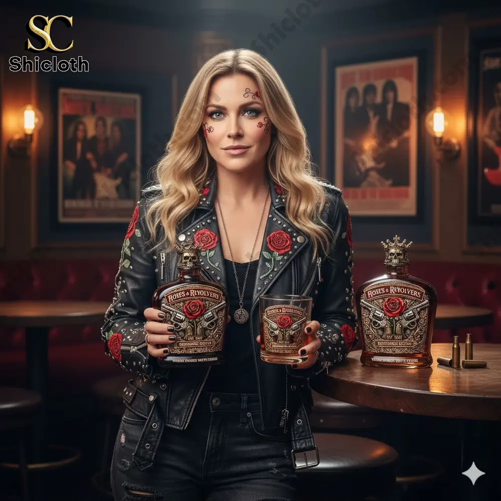 Woman holding Roses and Revolvers whiskey bottle and glass in a stylish bar setting!