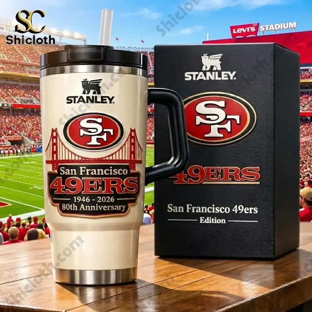 Stanley insulated mug with San Francisco Forty Niners design and gift box.