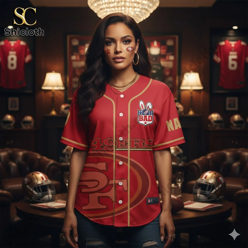 Woman wearing red football baseball jersey in luxury sports room!