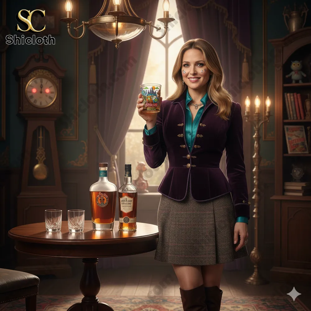 A woman holding a Scooby Doo themed whiskey glass in an elegant vintage room!